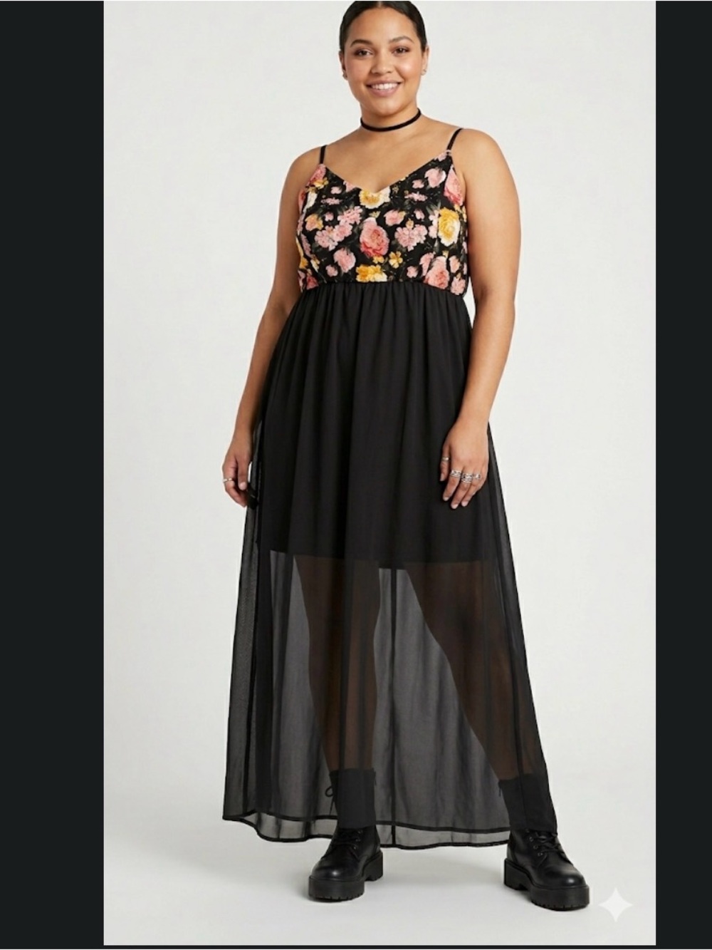 New Look Maxi Dress 2X Black Floral Mesh Overlay Whimsigoth Goth Festival Cami